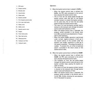 May include: A page from a manual titled "Structure and Function" with "Work Equipment Hydraulic Control" at the top. The page includes a list of components and an explanation of the operation of a bucket control lever.