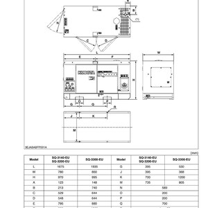 May include: Diagram of a Kubota SQ-EU series generator, detailing dimensions in millimeters. The image includes a schematic view with labeled measurements and a table listing model-specific dimensions such as length, width, and height.