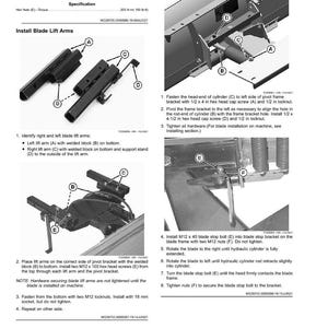 Puede incluir: Diagrama de instrucciones de montaje de maquinaria. Incluye ilustraciones para la instalaci&oacute;n de brazos elevadores de cuchilla, cilindros y hardware. Las instrucciones de texto detallan cada paso, con piezas etiquetadas para mayor claridad. La p&aacute;gina es de un manual.