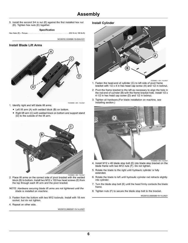 Puede incluir: Diagrama de instrucciones de montaje de maquinaria. Incluye ilustraciones para la instalaci&oacute;n de brazos elevadores de cuchilla, cilindros y hardware. Las instrucciones de texto detallan cada paso, con piezas etiquetadas para mayor claridad. La p&aacute;gina es de un manual.