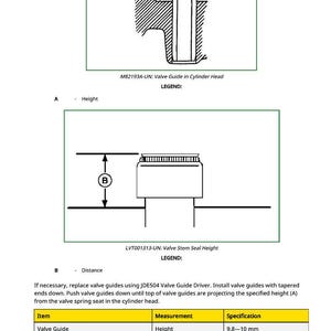 May include: Diagrams illustrating valve guide and valve stem seal height specifications. The image includes labeled diagrams with measurements in inches and millimeters. The text provides instructions for replacing valve guides and includes a table with specifications.