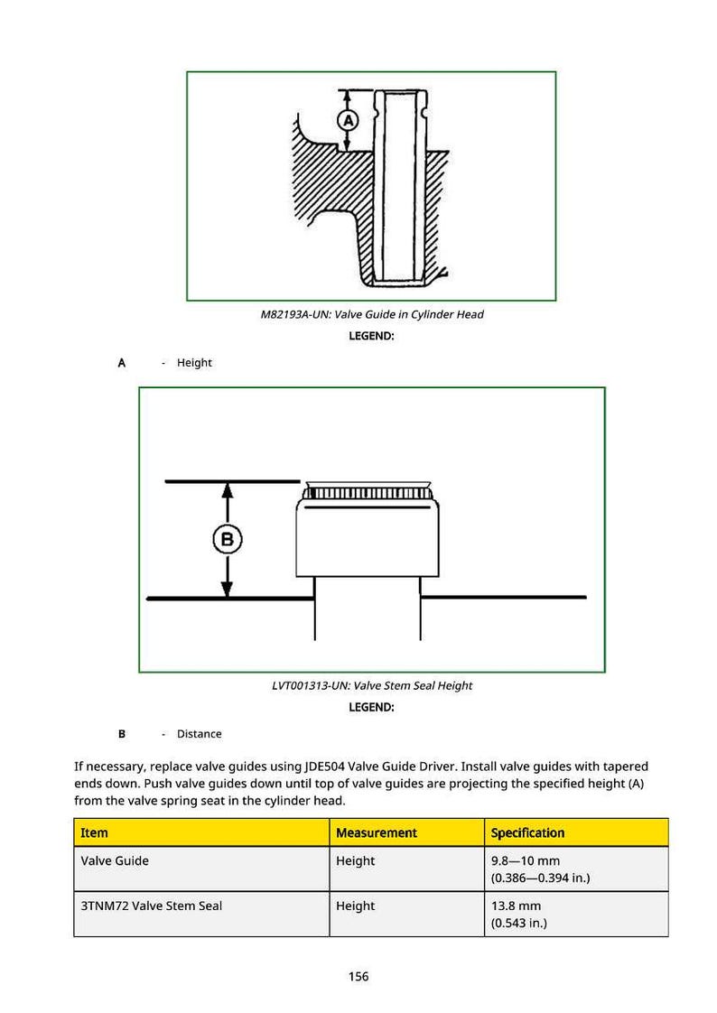 May include: Diagrams illustrating valve guide and valve stem seal height specifications. The image includes labeled diagrams with measurements in inches and millimeters. The text provides instructions for replacing valve guides and includes a table with specifications.