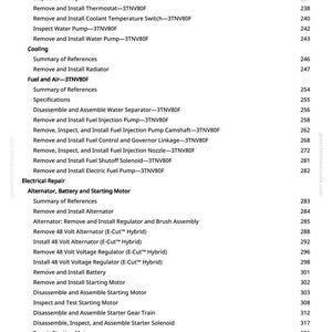 May include: A detailed table of contents from a manual, listing various engine repair procedures. The text includes sections on cooling, fuel and air systems, electrical repair, and wiring harnesses. Page numbers are listed on the right.
