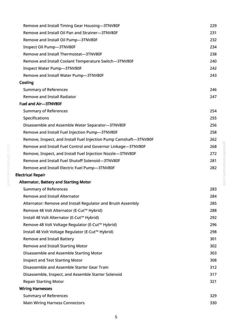 May include: A detailed table of contents from a manual, listing various engine repair procedures. The text includes sections on cooling, fuel and air systems, electrical repair, and wiring harnesses. Page numbers are listed on the right.
