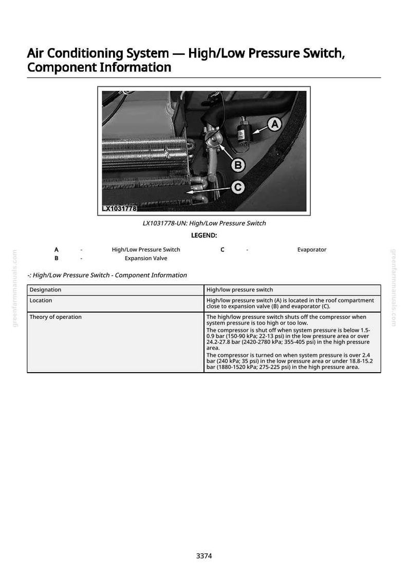 May include: Black and white diagram of an air conditioning system's high/low pressure switch, expansion valve, and evaporator. Text includes component information, designation, location, and theory of operation. The image also includes the text "Air Conditioning System - High/Low Pressure Switch, Component Information."