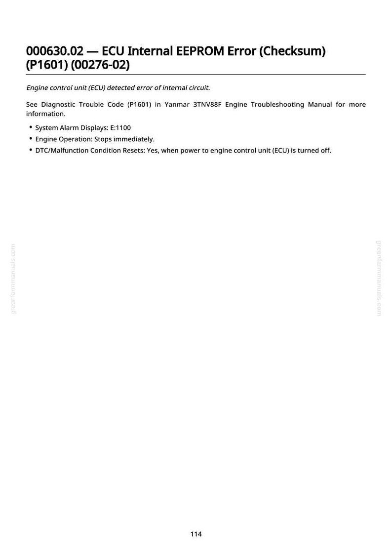 May include: A white page with black text detailing an ECU Internal EEPROM Error (Checksum) with the code P1601. The text describes the error, system alarm, and engine operation. The page also references a troubleshooting manual.