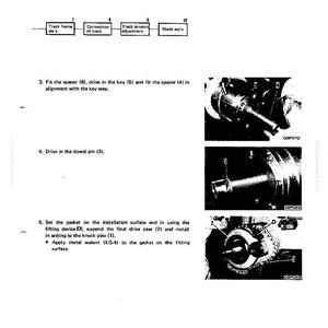 May include: A technical diagram with the title "POWER TRAIN" and "DISASSEMBLY AND ASSEMBLY". The image includes numbered steps with accompanying close-up photos of mechanical components. Text includes instructions for fitting spacers, driving pins, and setting gaskets.