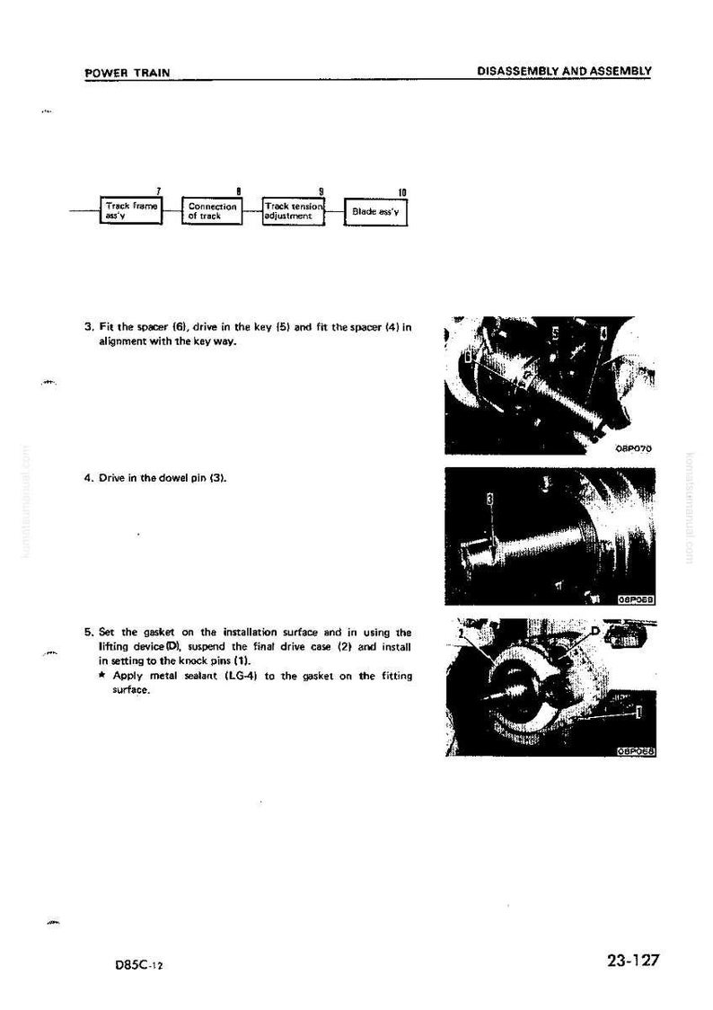 May include: A technical diagram with the title "POWER TRAIN" and "DISASSEMBLY AND ASSEMBLY". The image includes numbered steps with accompanying close-up photos of mechanical components. Text includes instructions for fitting spacers, driving pins, and setting gaskets.