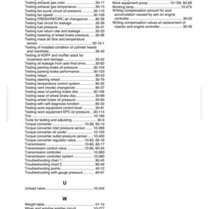 May include: An index page from a manual, listing various testing procedures and equipment components. The text includes terms like "testing engine speed," "torque converter," and "work equipment." The page is from a WA500-7 manual.