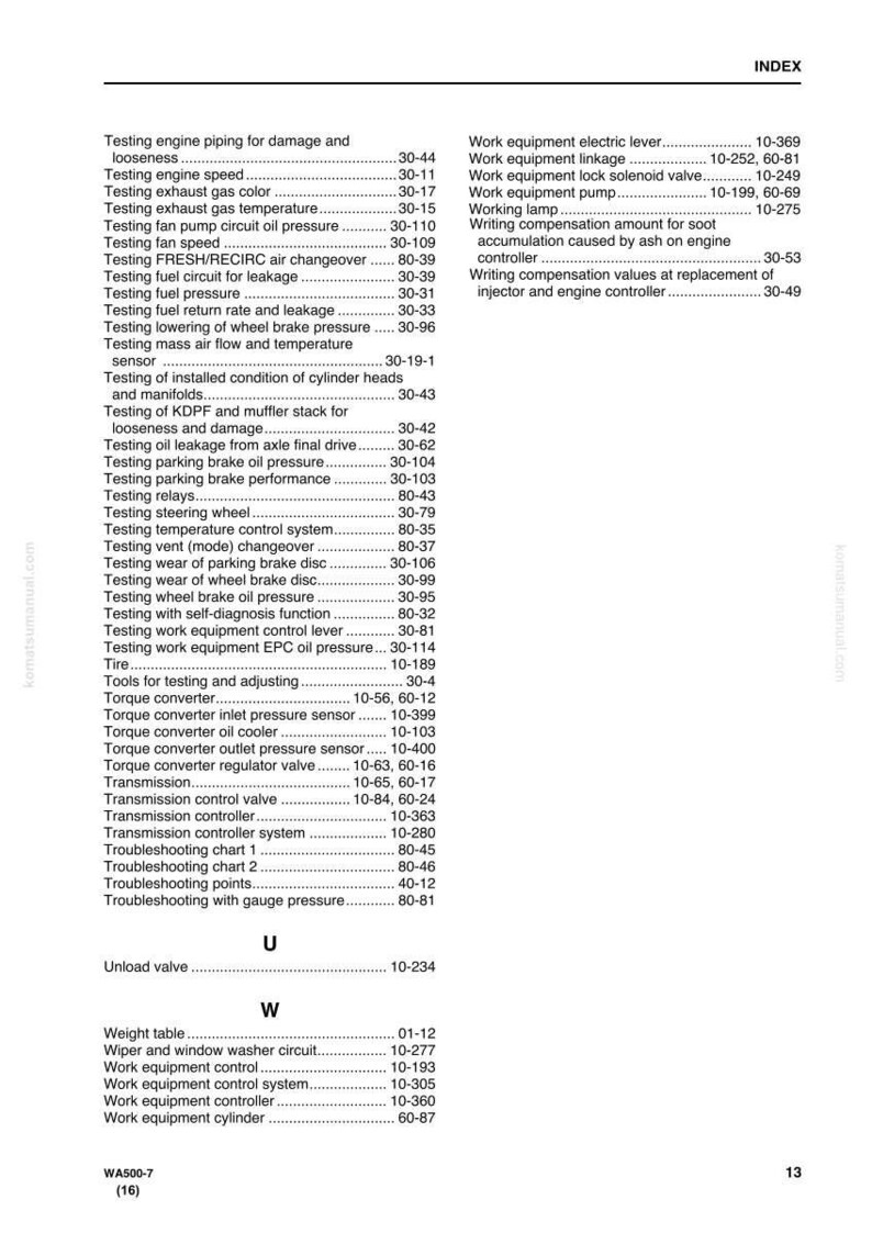 May include: An index page from a manual, listing various testing procedures and equipment components. The text includes terms like "testing engine speed," "torque converter," and "work equipment." The page is from a WA500-7 manual.