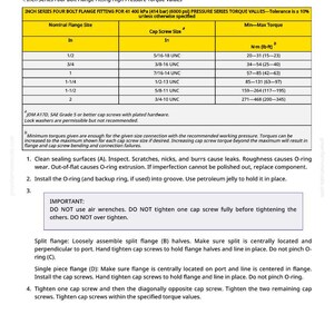 May include: Technical diagram with a yellow-highlighted table detailing inch series four-bolt flange fitting torque values. Includes nominal flange size, cap screw size, and minimum to maximum torque in lb-ft. Instructions for assembly and maintenance are also provided.