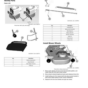 May include: Assembly diagram with parts labeled A, B, C, and D. Includes a parts list with quantities and descriptions. The diagram shows how to install mower wheels, with step-by-step instructions and labeled components.