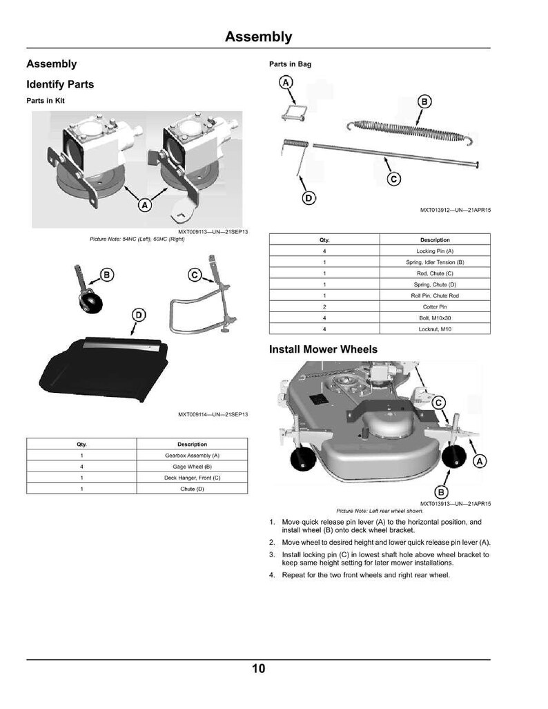 May include: Assembly diagram with parts labeled A, B, C, and D. Includes a parts list with quantities and descriptions. The diagram shows how to install mower wheels, with step-by-step instructions and labeled components.