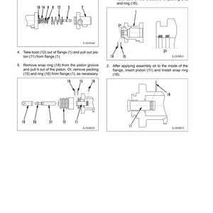 May include: Diagram of brake valve disassembly and assembly procedures. Includes labeled illustrations of parts such as spools, springs, flanges, pistons, and rings. Text instructions accompany the diagrams.