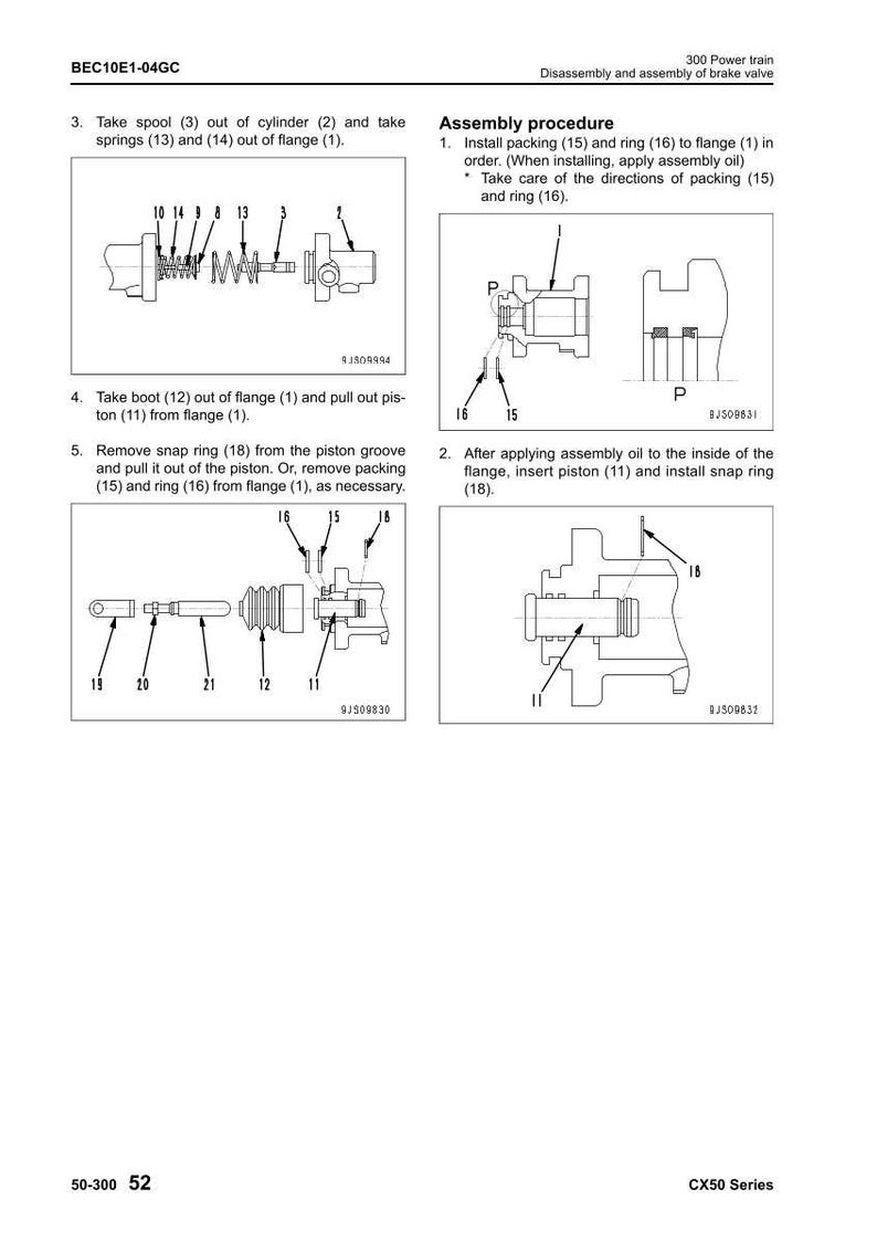 May include: Diagram of brake valve disassembly and assembly procedures. Includes labeled illustrations of parts such as spools, springs, flanges, pistons, and rings. Text instructions accompany the diagrams.