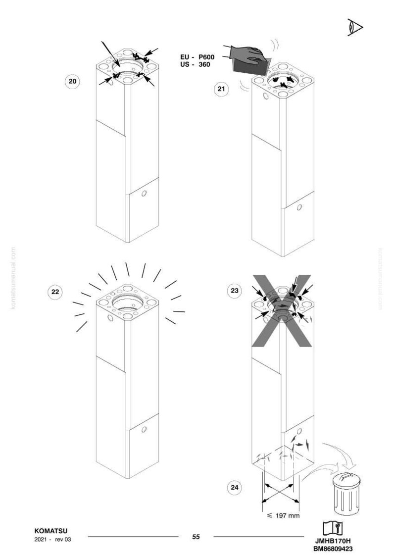 May include: Diagram of a rectangular metal component with detailed instructions. The image includes measurements, arrows, and symbols indicating assembly steps. Text includes "EU - P600" and "US - 360". The component's height is approximately 7.75 inches.