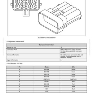 May include: An end view diagram of a connector with multiple pins, labeled with letters and numbers. The diagram includes component information, connection points, harness information, and circuit codes with pin assignments and colors.