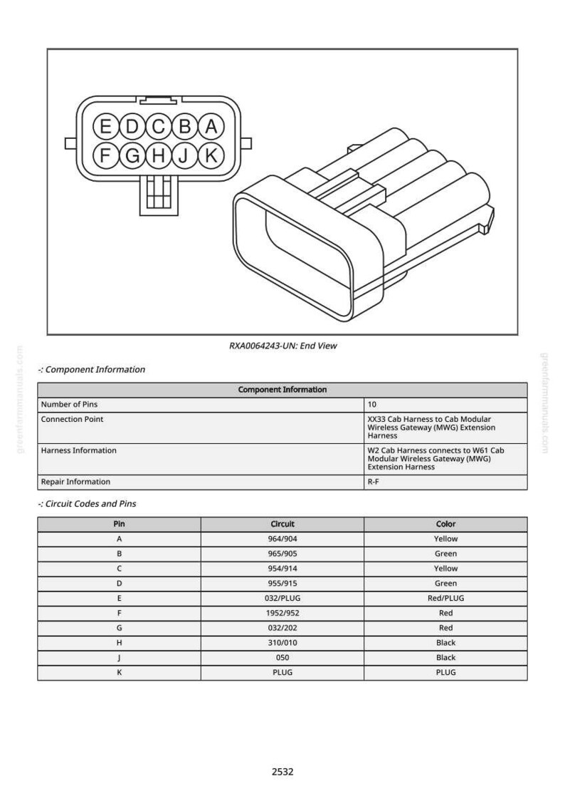 May include: An end view diagram of a connector with multiple pins, labeled with letters and numbers. The diagram includes component information, connection points, harness information, and circuit codes with pin assignments and colors.