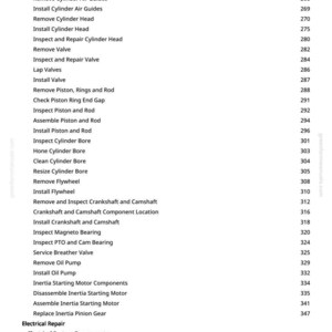 May include: A white-backgrounded page with a detailed table of contents for engine repair, including procedures like removing and installing components. The text is black and organized in a list format with page numbers.