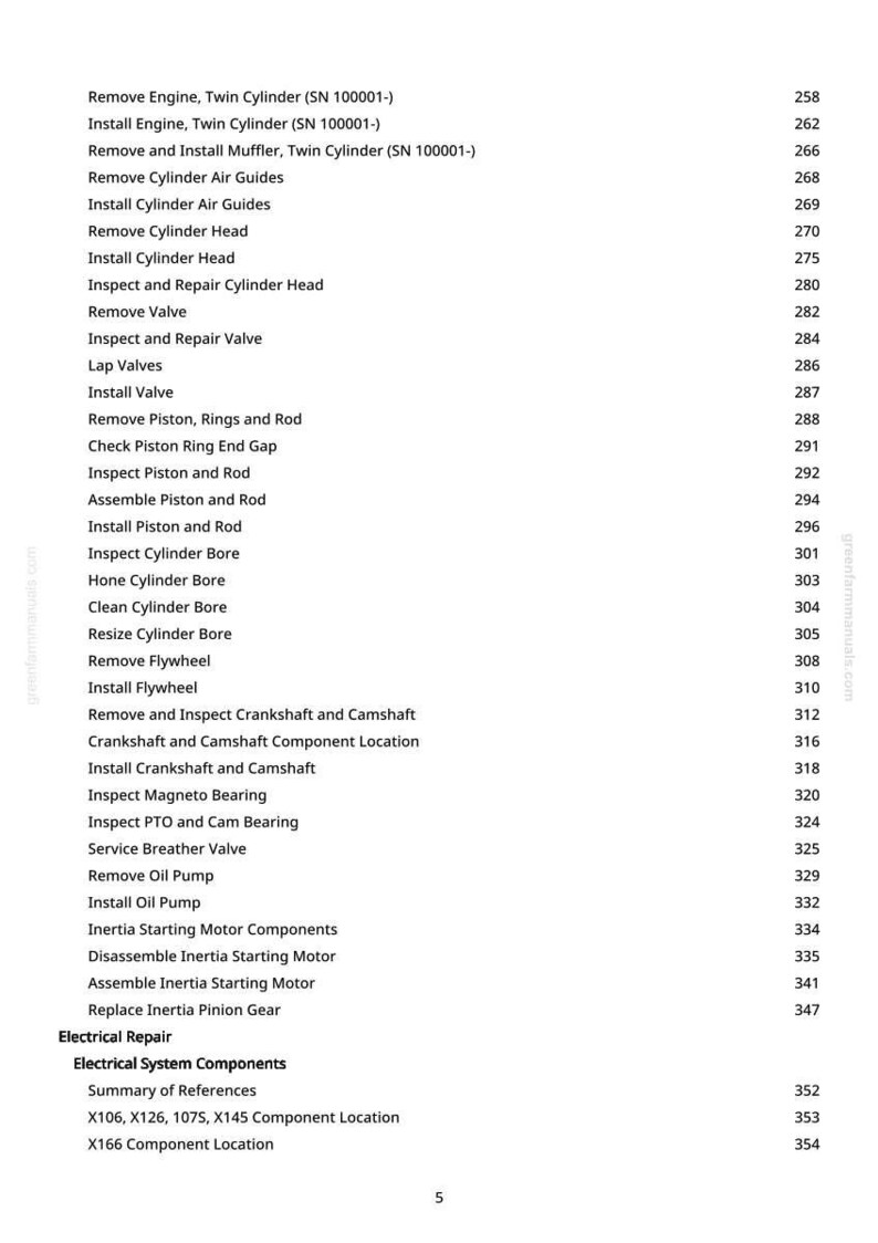 May include: A white-backgrounded page with a detailed table of contents for engine repair, including procedures like removing and installing components. The text is black and organized in a list format with page numbers.