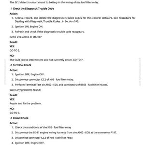 May include: A page from a manual detailing troubleshooting steps for a fuel filter heater short circuit. The text includes diagnostic checks, terminal checks, and circuit checks, with specific instructions and results.