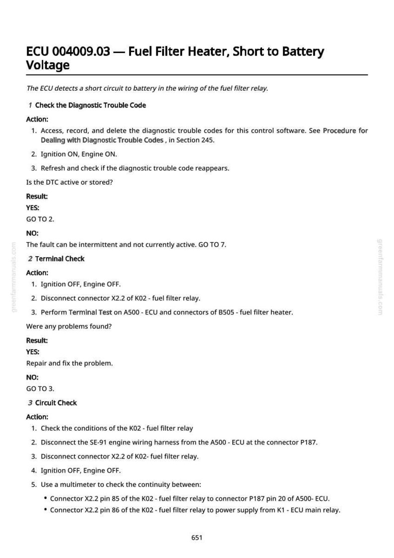 May include: A page from a manual detailing troubleshooting steps for a fuel filter heater short circuit. The text includes diagnostic checks, terminal checks, and circuit checks, with specific instructions and results.