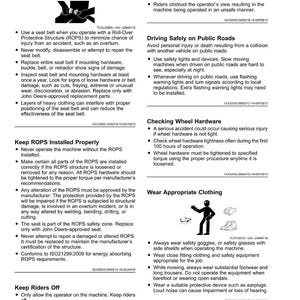 May include: A safety information page titled "Safety". It provides guidance on seat belt use, ROPS installation, public road safety, wheel hardware checks, and suitable clothing for operating machinery.