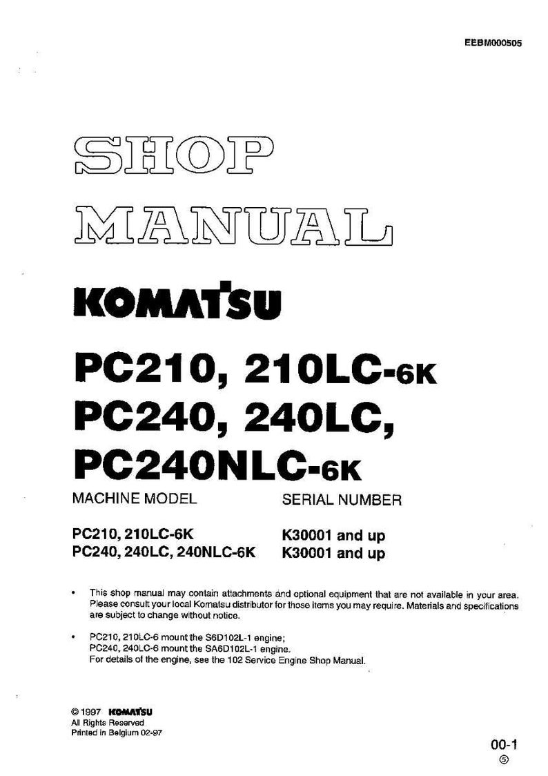 May include: A white shop manual with the title "SHOP MANUAL" and the brand name "KOMATSU". The manual lists machine models PC210, 210LC-6K, PC240, 240LC, and PC240NLC-6K. The serial number is K30001 and up.
