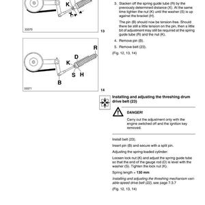 May include: Diagrams and instructions for right-hand drive belts, including illustrations of belt and cylinder components. Text includes steps for tension relief and belt installation, with a spring length of 130 mm.