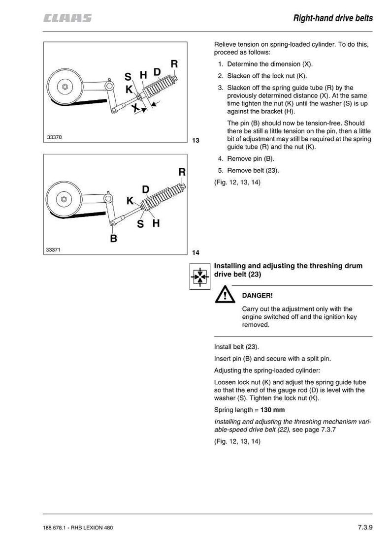 May include: Diagrams and instructions for right-hand drive belts, including illustrations of belt and cylinder components. Text includes steps for tension relief and belt installation, with a spring length of 130 mm.