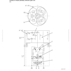 May include: Diagram of a PVH Series travel motor, illustrating its structure and function. The diagram includes detailed schematics of the hydraulic motor, valve, and planetary reduction gear unit, with labels and annotations for each component.