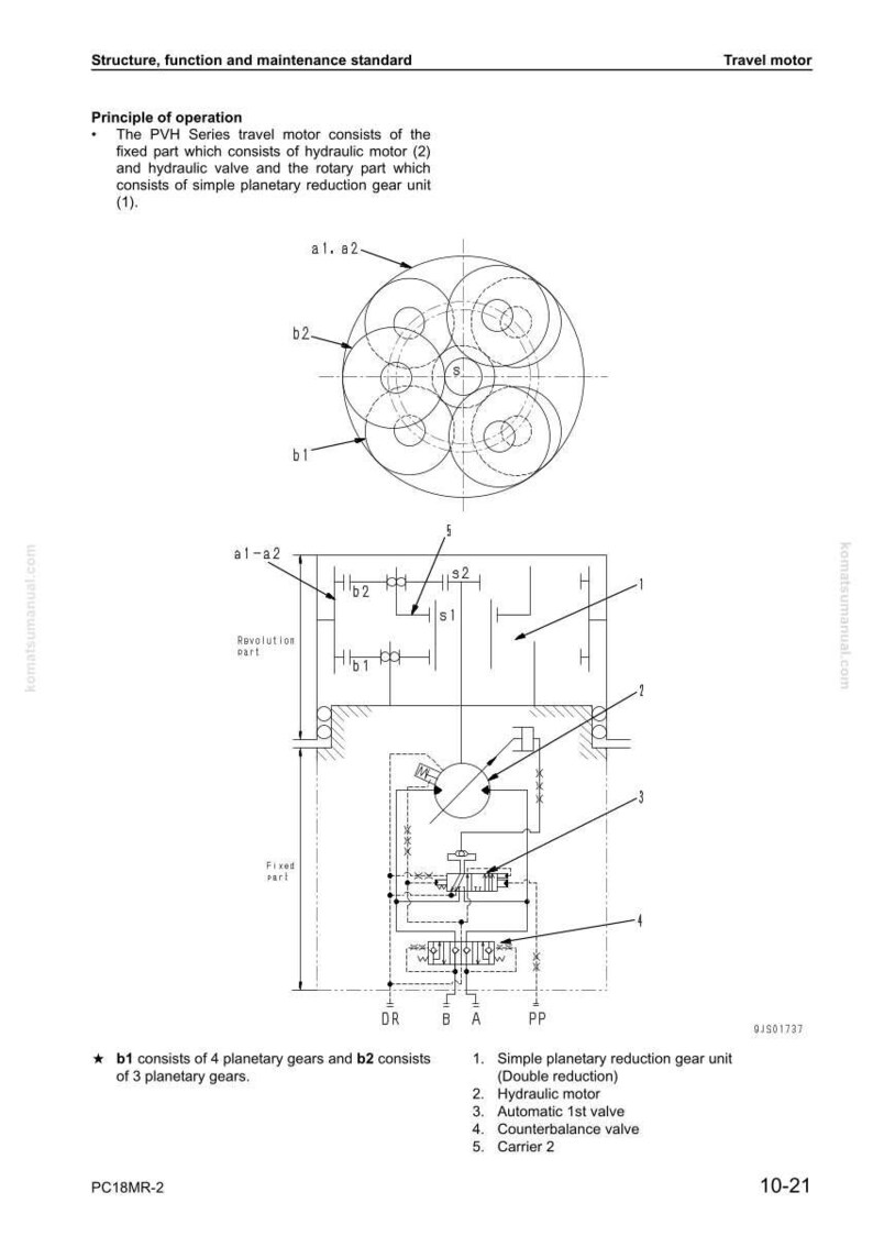 May include: Diagram of a PVH Series travel motor, illustrating its structure and function. The diagram includes detailed schematics of the hydraulic motor, valve, and planetary reduction gear unit, with labels and annotations for each component.