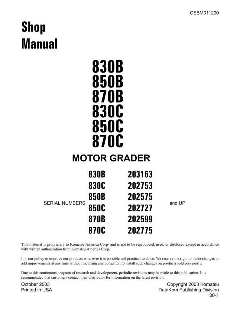 May include: A white shop manual page with black text. The title "Shop Manual" is at the top, followed by model numbers 830B, 850B, 870B, 830C, 850C, and 870C. Below is "MOTOR GRADER" and serial numbers.
