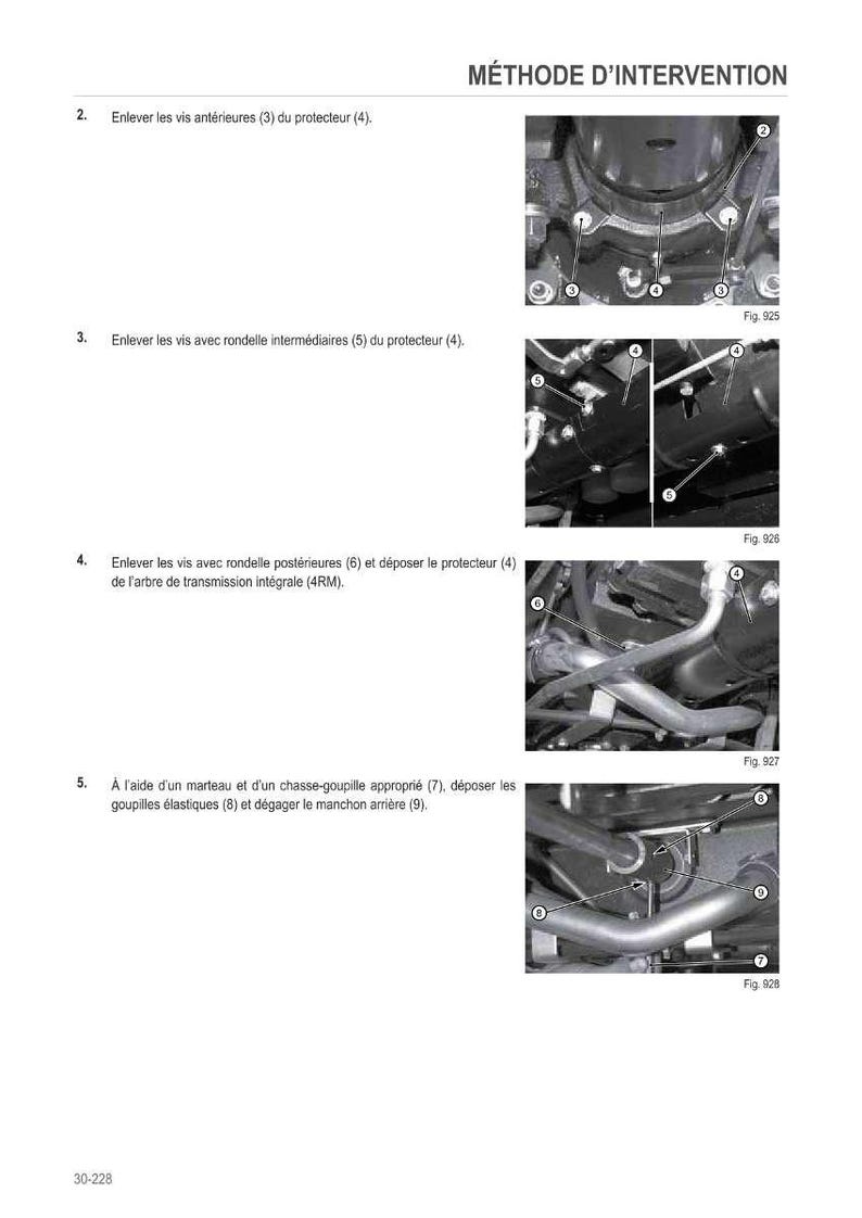 Puede incluir: Diagrama de un manual que muestra los pasos de reparaci&oacute;n de autom&oacute;viles. El texto en franc&eacute;s describe la extracci&oacute;n de tornillos y componentes, con pasos numerados e ilustraciones de piezas. Incluye las figuras 925, 926, 927 y 928.