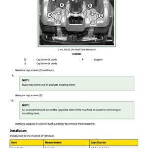 May include: Diagram of fuel tank removal, showing cap screws, support, and related components. Includes a legend and notes on the process. The fuel tank capacity is 24.2 L (6.4 gal).