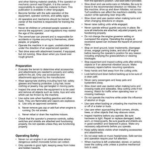 May include: A white page with black text detailing safety instructions for operating machinery. The text is organized into bullet points covering topics like operator training, preparation, and safe operation, with a page number 9 at the bottom.