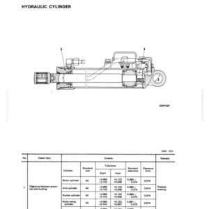 May include: Technical diagram of a hydraulic cylinder, with detailed schematics and a table of specifications. The diagram includes measurements in millimeters, with a focus on cylinder dimensions and tolerances. The text "HYDRAULIC CYLINDER" is prominently displayed.