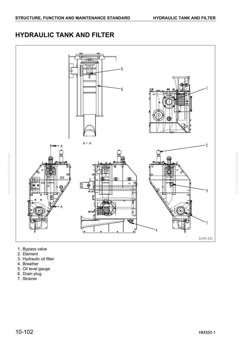 May include: Diagram of a hydraulic tank and filter, with labels for components like the bypass valve, element, and oil filter. The image includes multiple views and cross-sections of the machinery, with the text "HYDRAULIC TANK AND FILTER" at the top.