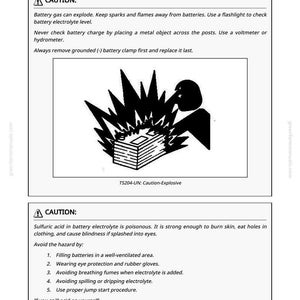 May include: A safety manual page with the title "Handling Batteries Safely." It includes a warning about battery explosions, illustrated with a black and white graphic of an explosion. The text provides safety instructions.