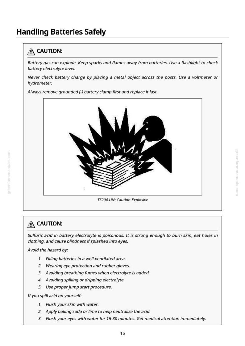 May include: A safety manual page with the title "Handling Batteries Safely." It includes a warning about battery explosions, illustrated with a black and white graphic of an explosion. The text provides safety instructions.