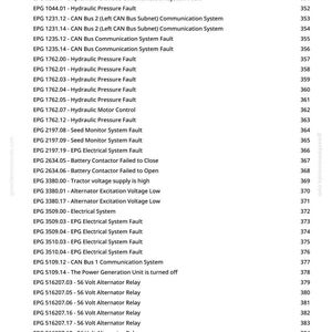 Op de afbeelding: Een lijst met EPG (Electric Power Generation) foutcodes en beschrijvingen, inclusief hydraulische druk, CAN-bus en dynamo problemen. Het document bevat paginanummers en is afkomstig van greenfarmmanuals.com.