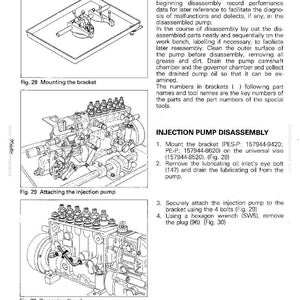 K&ouml;nnte beinhalten: Technische Zeichnung, die die Demontage einer Einspritzpumpe veranschaulicht. Das Bild enth&auml;lt Diagramme zum Anbringen der Halterung, zum Anbringen der Einspritzpumpe und zum Entfernen des Steckers. Der Text enth&auml;lt detaillierte Anweisungen und Teilenummern.