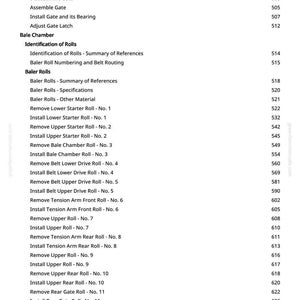 May include: A page from a manual with a table of contents. The text includes terms like "Gate," "Bale Chamber," and "Rolls," along with corresponding page numbers. The document is from greenfammanuals.com.