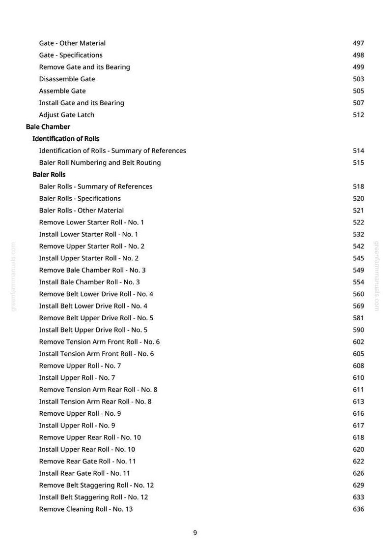 May include: A page from a manual with a table of contents. The text includes terms like "Gate," "Bale Chamber," and "Rolls," along with corresponding page numbers. The document is from greenfammanuals.com.