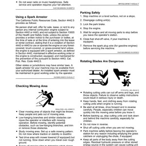 May include: A page from a safety manual with text and illustrations. Sections include safety guidelines, parking instructions, and warnings about rotating blades. The manual emphasizes safe operation and maintenance of machinery.