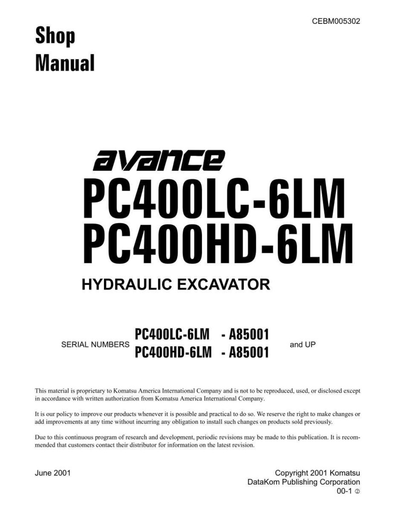 Puede incluir: Un manual de taller blanco con texto negro. La portada presenta la palabra "avance" encima de "PC400LC-6LM PC400HD-6LM HYDRAULIC EXCAVATOR". Incluye n&uacute;meros de serie e informaci&oacute;n de derechos de autor de Komatsu.