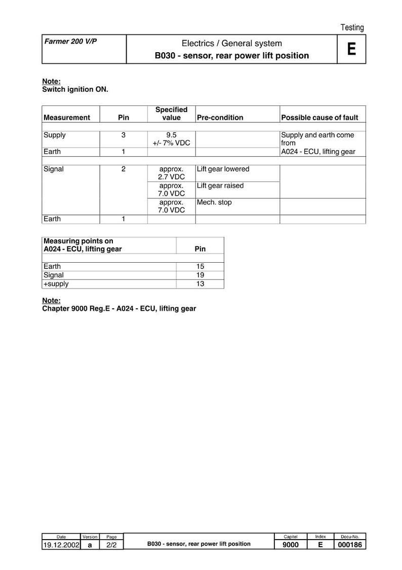 May include: A technical diagram with the title "Electrics / General system" and the text "B030 - sensor, rear power lift position." The diagram includes tables with measurements, pin numbers, and specified values, along with notes and testing information.