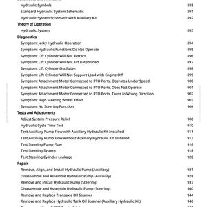 May include: A white page from a manual with a table of contents for hydraulic systems. The text includes sections on schematics, diagnostics, tests, adjustments, and repair procedures. Page number 12 is visible.
