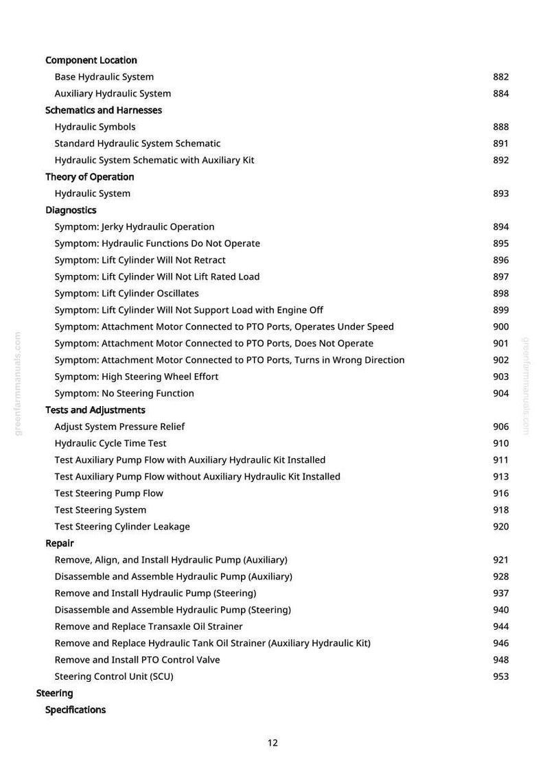 May include: A white page from a manual with a table of contents for hydraulic systems. The text includes sections on schematics, diagnostics, tests, adjustments, and repair procedures. Page number 12 is visible.