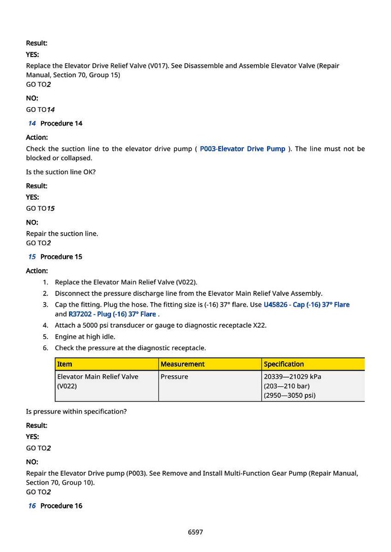 May include: A technical document with troubleshooting steps for an elevator system. The document includes instructions for checking the suction line, replacing valves, and measuring pressure. Specifications are listed in kPa, bar, and psi.